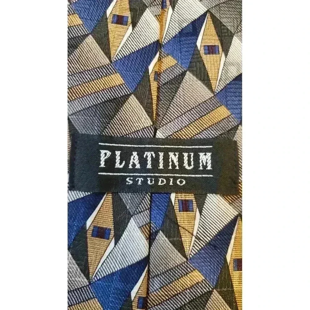 Platinum Designs Tan Blue‎ Geometric 100% Silk Classic Men's Tie Business Church